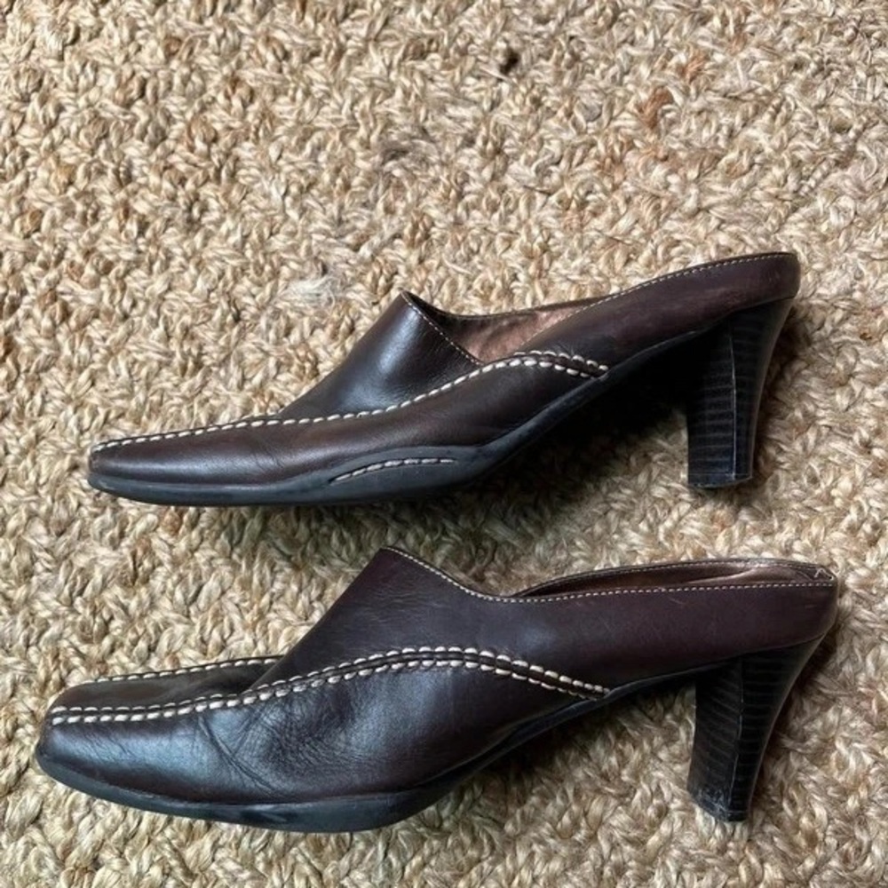 AEROSOLES Dark Brown Leather Slip-On Mules with Contrast Stitching - Picture 3 of 5